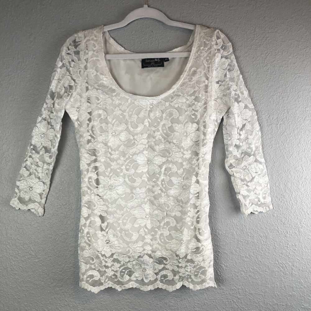 Patricia‎ Wolf Womens Blouse Medium White Laced Top 3/4 Sleeve Romantic Hippie